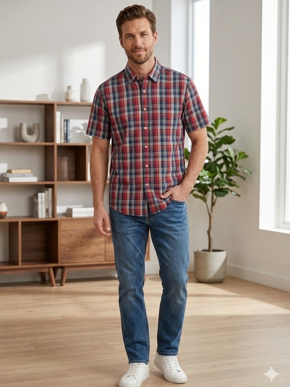 Faded Glory Red and Blue Plaid Short Sleeve Button-Down Shirt